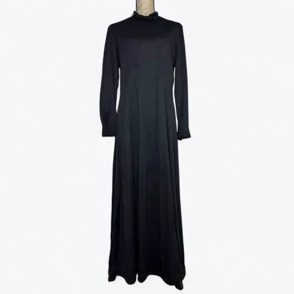 70s Vtg Kay Windsor‎ Black Maxi Dress High Neck Sparkle Trim Goth Witchy Sz S/M?